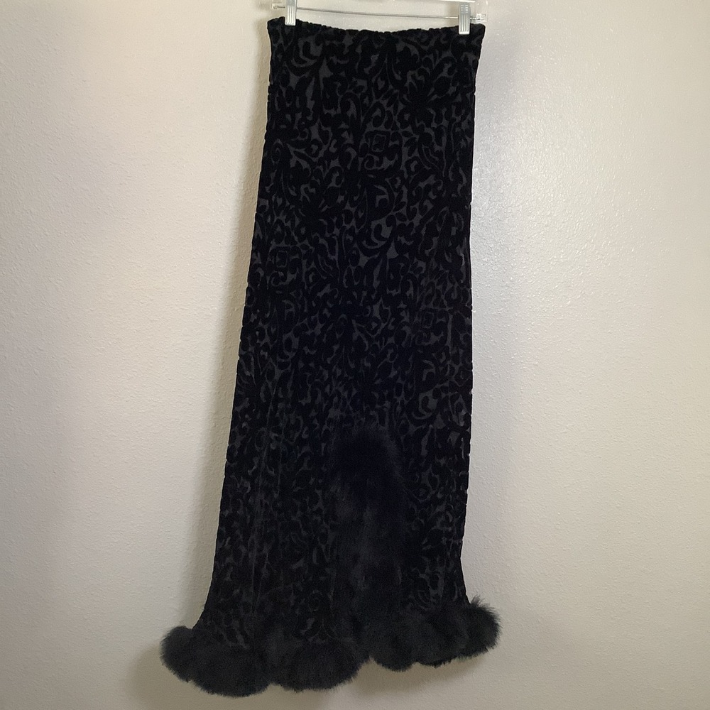 Pat Dahnke Black Velvet Burnout Dark Feminine Witch Maxi Skirt Feather Trim S/M